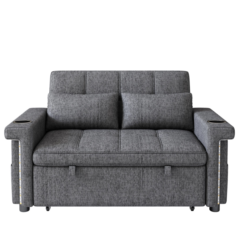 Sofa 2 posti con funzione letto; LED; USB/Type-C; schienale regolabile; Chenille grigio 145x141;5x90 cm