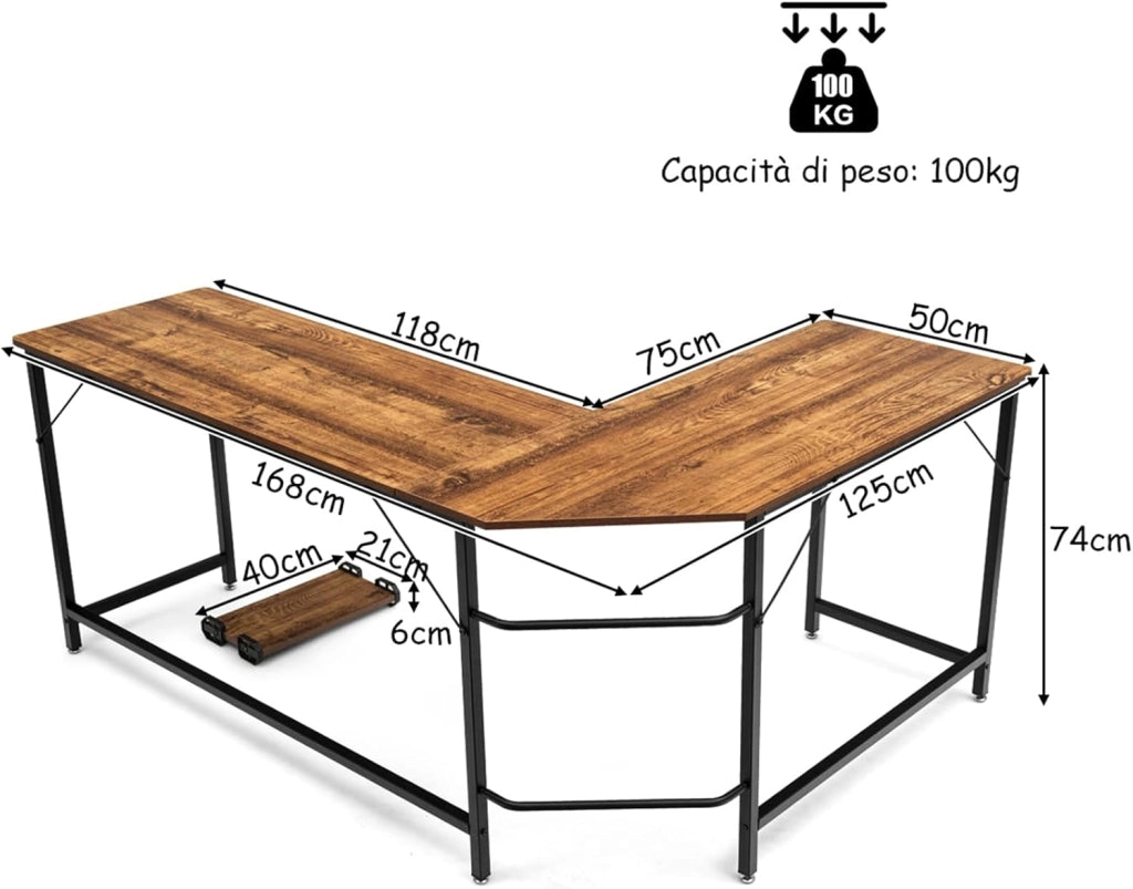 Scrivania Angolare Salvaspazio, Scrivania Porta PC a Forma di L con Porta CPU, Scrivania ad Angolo in Legno e Ferro per Studio e Ufficio, Portata 100 kg, 168 x 125 x 74 cm (Caffè)