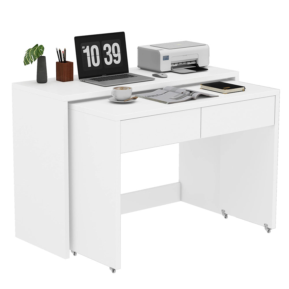 Scrivania con ripiani e cassettiera 2 in 1 - Xylo - Compatta, estendibile, in legno 1.8cm, ruote, pieghevole