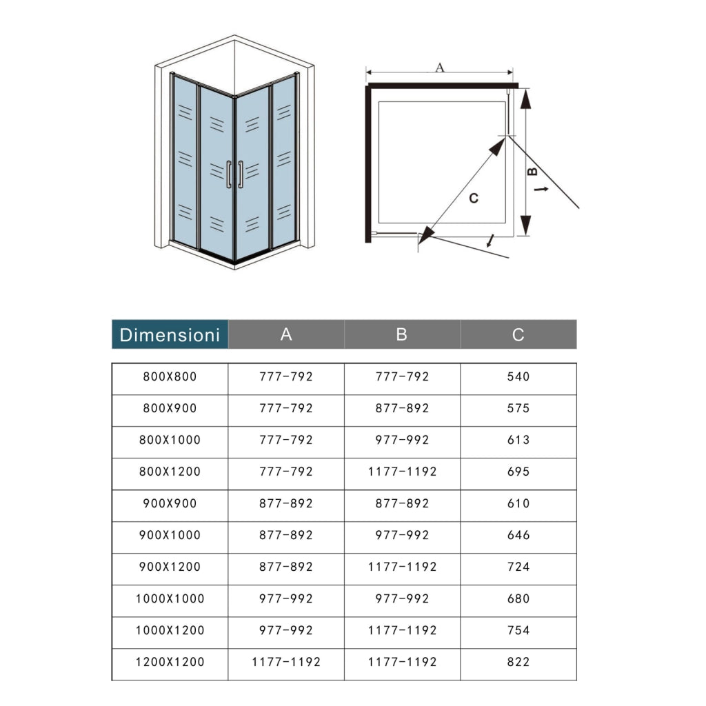 Box Doccia Angolare 100x120 cm H.185 cm Doppia Porta Battente in Vetro Temperato Trasparente Anticalcare 6 mm Profilo Nero Opaco