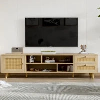 Mobile TV in Rattan Color Legno per TV fino a 70 Pollici con Gestione Cavi, 2 Cassetti e una porta, Quercia