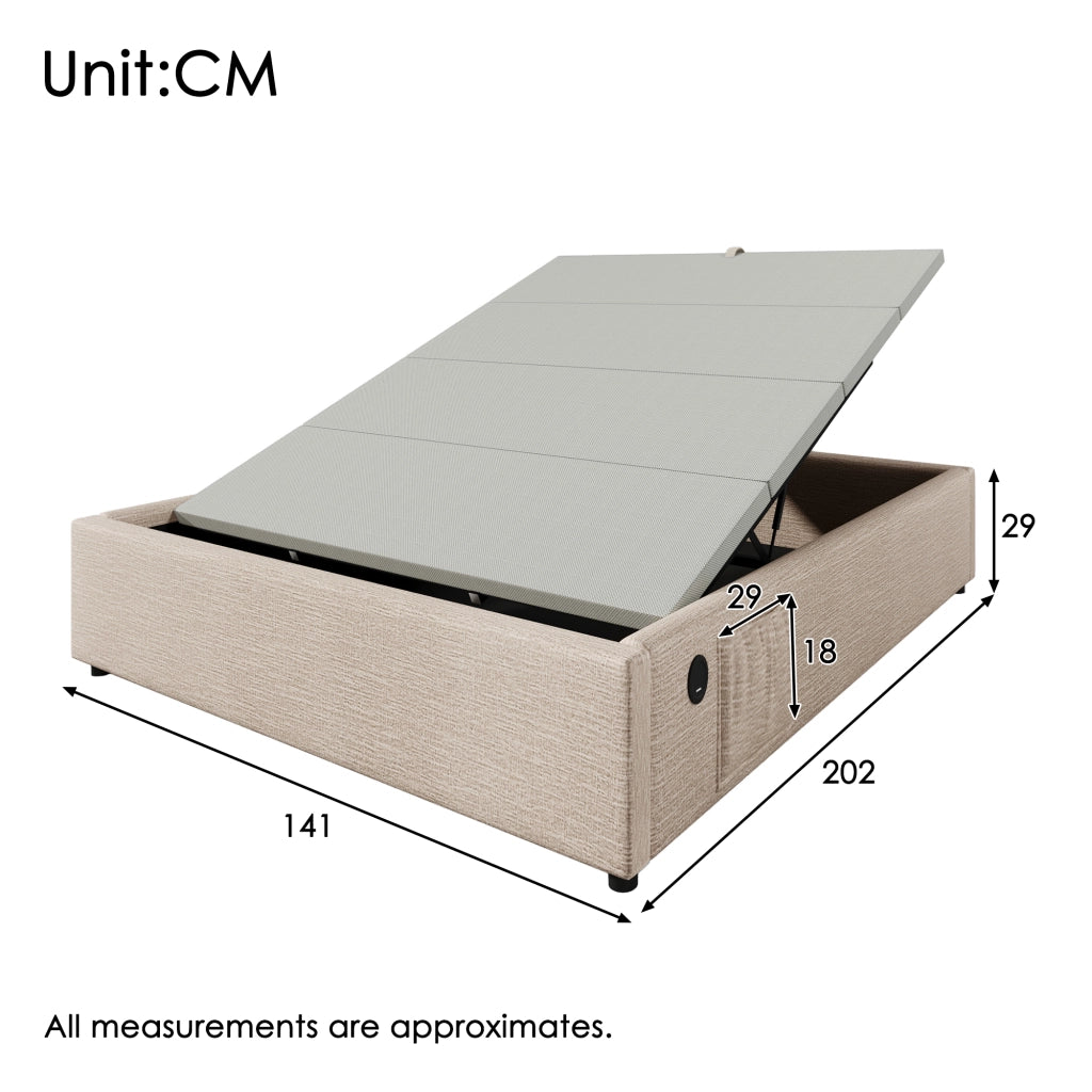 OKWISH Letto contenitore 140×200 cm, Letto Matrimoniale con USB, Tipo C e Vano Contenitore, senza Materasso, in Lino, Beige Naturale