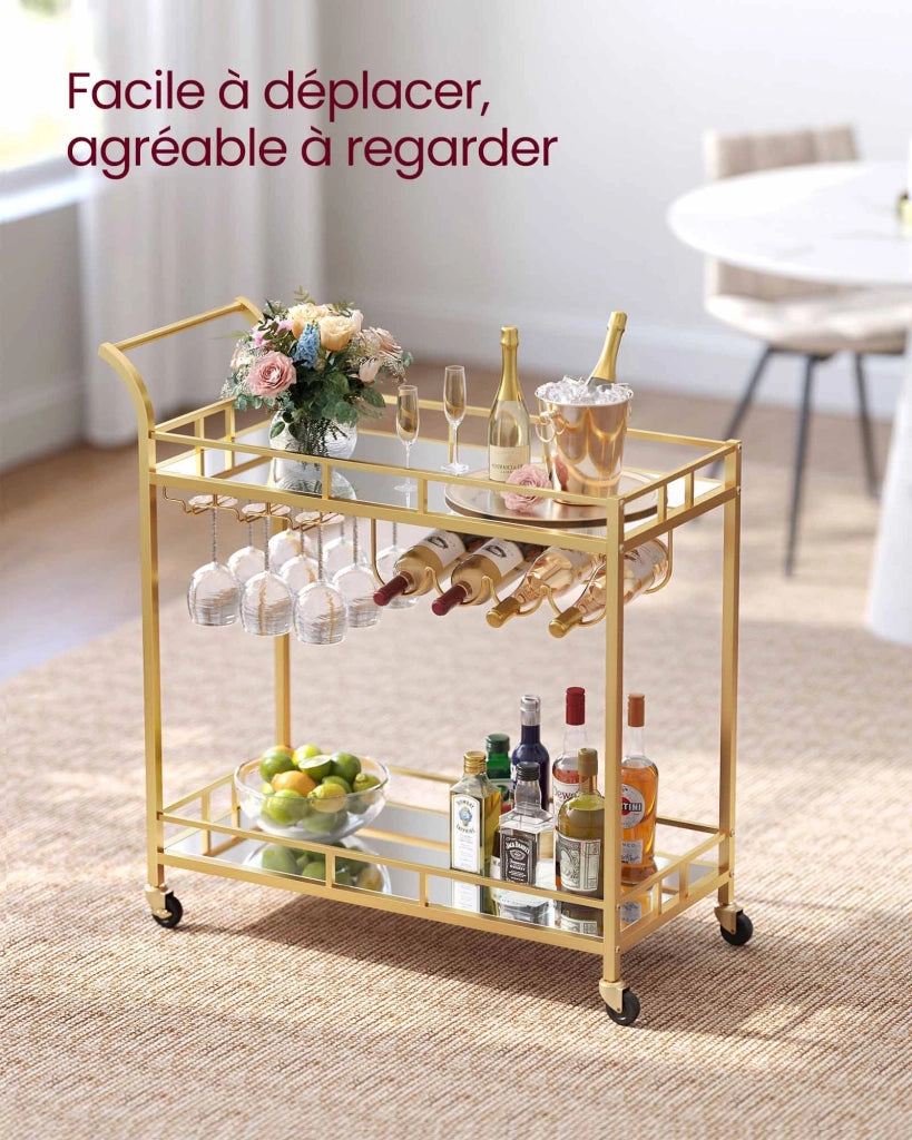 Carrello portavivande su ruote 38 x 80 x 90 cm mobile da cucina a 2 ripiani in vetro riflettente con portabottiglie e portabicchieri per bar cucina sala da pranzo oro 12_0005302