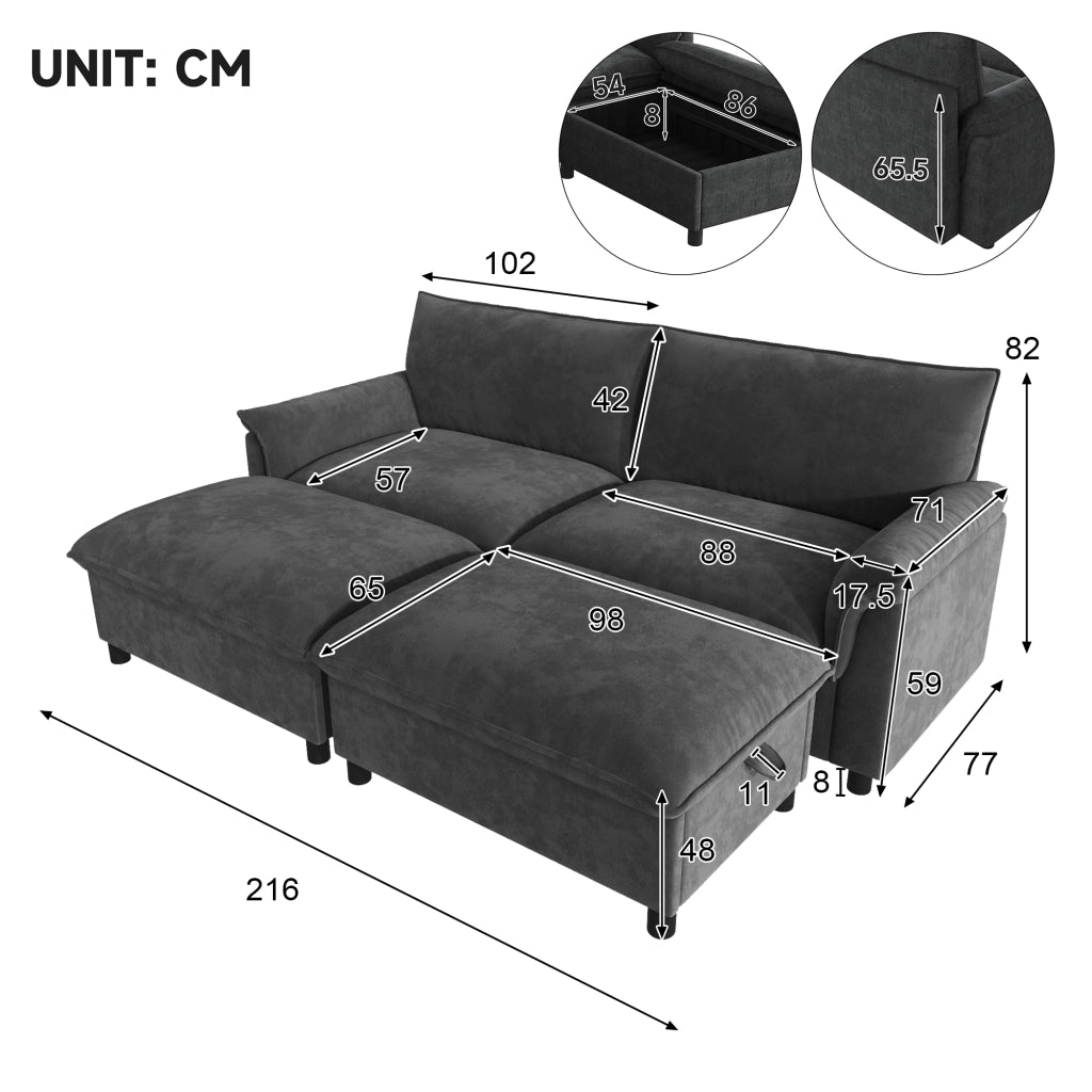 Divano modulare in chenille nero con pouf contenitore mobile, funzione letto temporanea, 216x77x82 cm