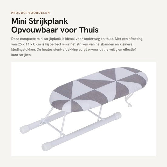 Strijkplank Opvouwbaar Mini - Dimensioni 26 x 11 x 8 cm - Copertura in cotone - Maniglia in acciaio - Cinghia in poliestere resistente all'usura - Peso ridotto 207 gr - Strijkplank da viaggio