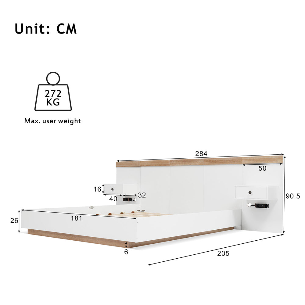 Letto matrimoniale 180x200 - Xylo - 2 comodini LED USB - Quercia bianco