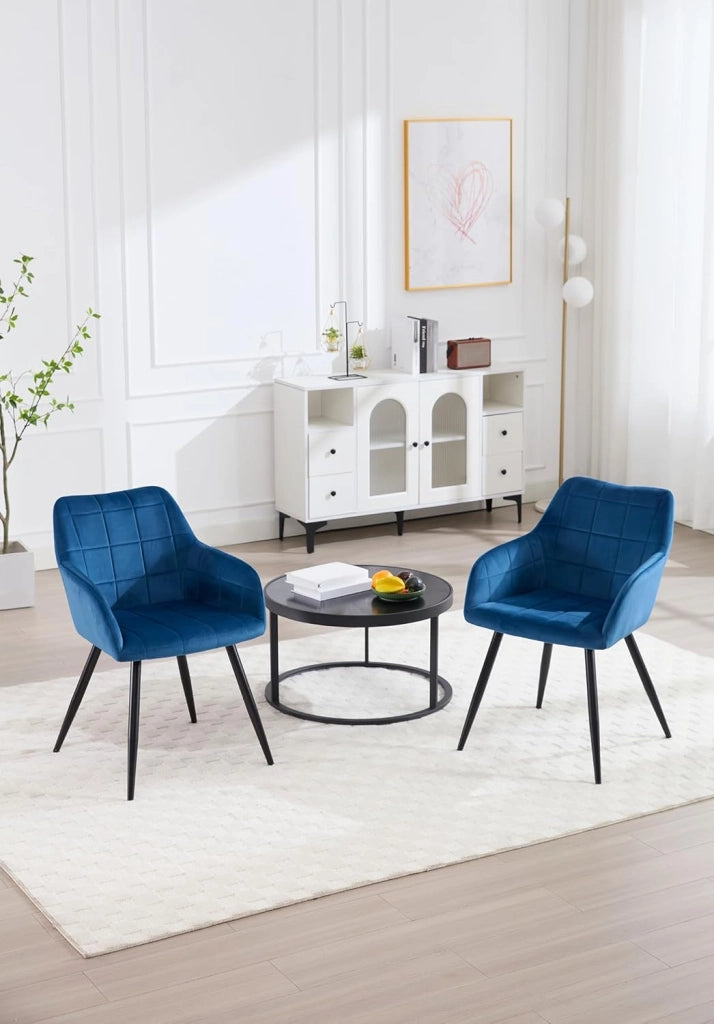 Set di 2 Sedie per Sala da Pranzo Imbottita, Poltroncina in Velluto,Sedia da Cucina con Braccioli e Schienale, Gambe in Metallo, moderne,Blu, BH93bl-2