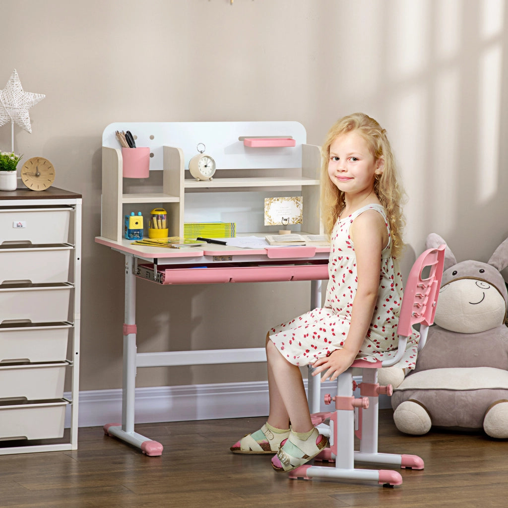 Set Scrivania e Sedia per Bambini da 3 Anni Regolabile Tavolo Inclinabile a 60° con Cassetto e Ripiani in PP e Acciaio