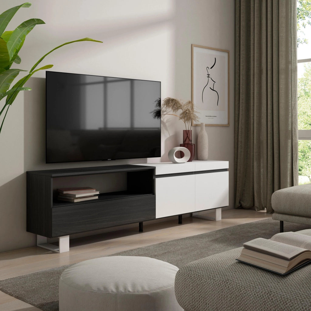 Mobile TV, 200x35x57cm, soggiorno, Per TV fino a 80", Design industriale, Bianco e nero RF2161