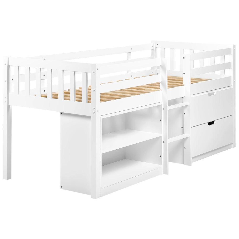 Letto per bambini in legno bianco UE misura singola 90 x 200 cm con telaio a doghe cassetti e ripiani letto per bambini piccoli
