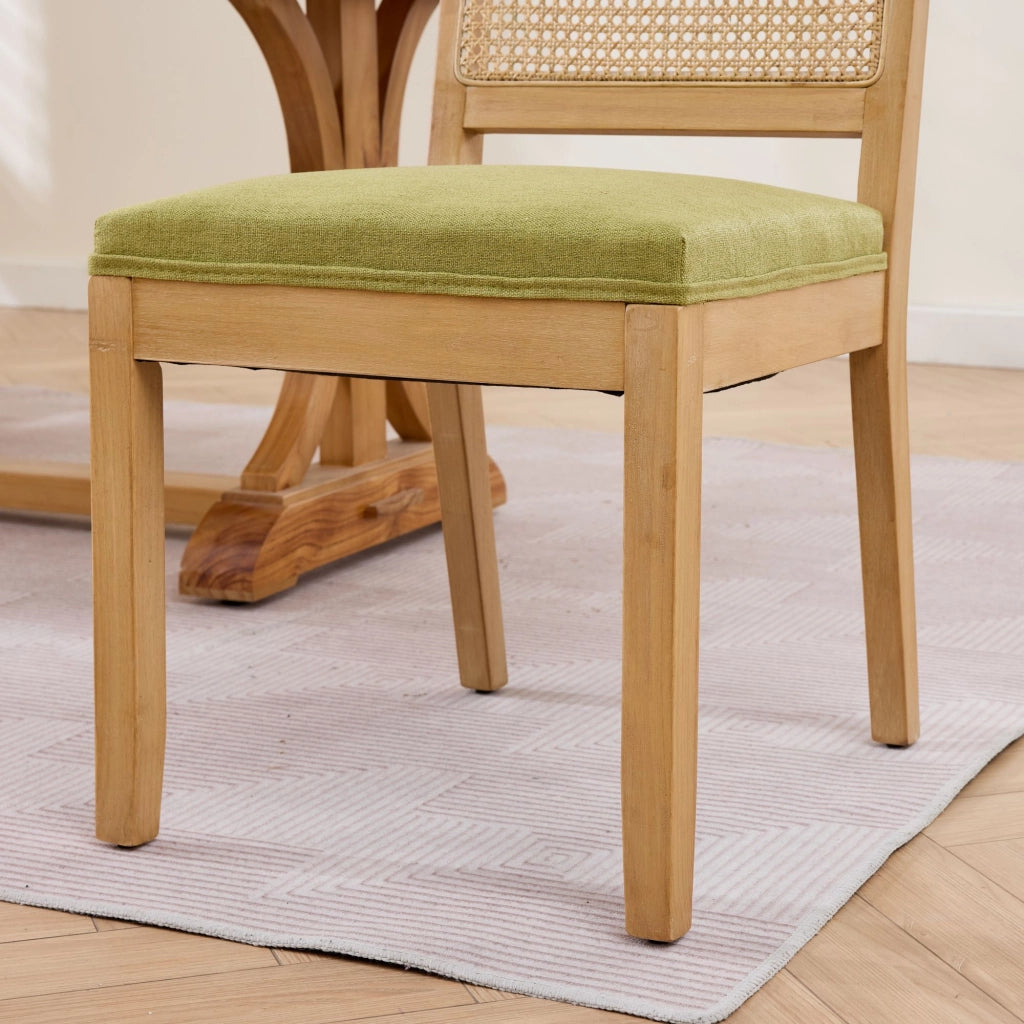 Set di 2 sedie da pranzo, schienale in vimini, stile rustico, struttura in legno, seduta imbottita, colore legno naturale e verde