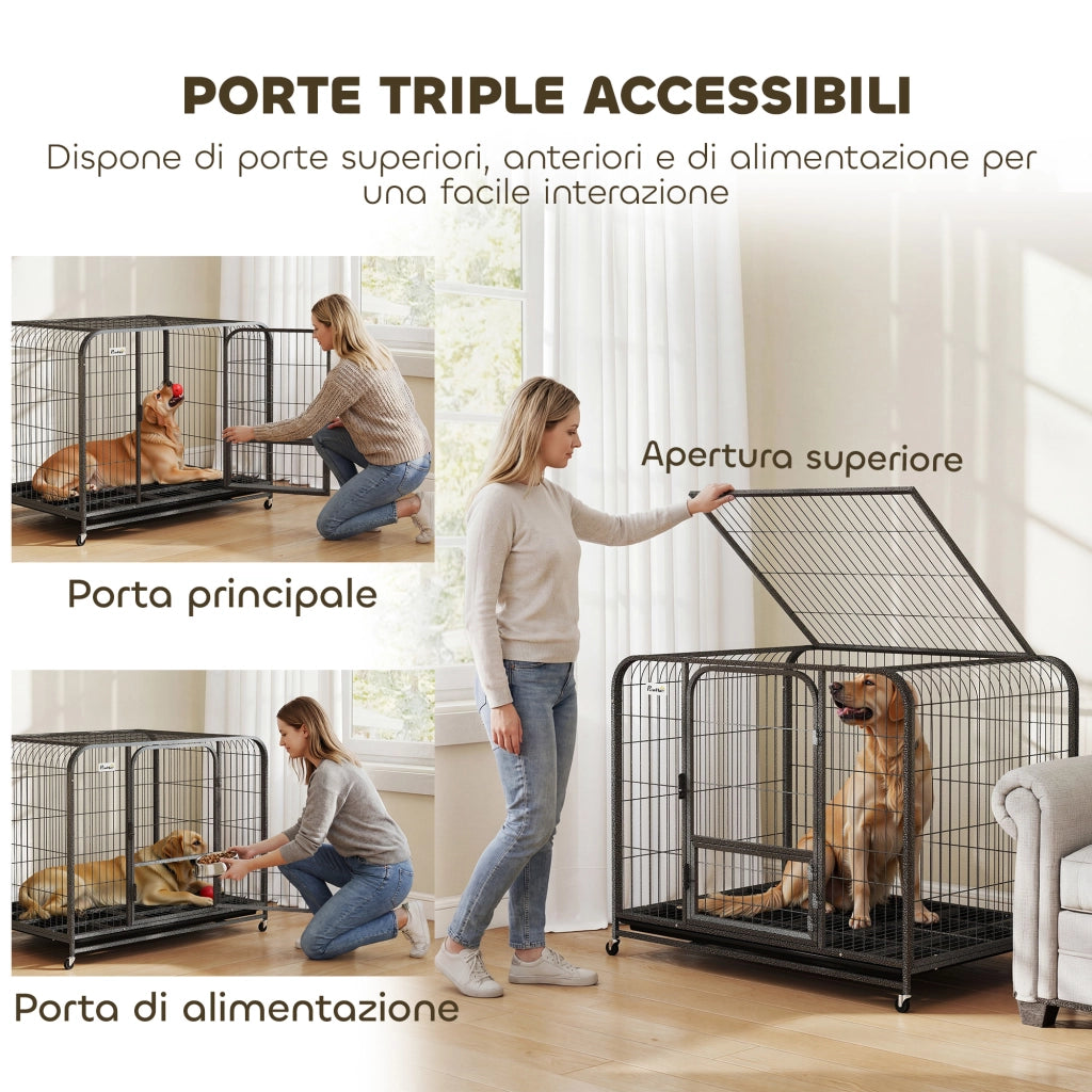 Gabbia per Cani con Ruote ¨C Xylo ¨C Acciaio Nero 3 Porte Vassoio Rimovibile