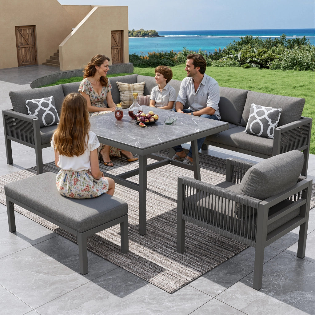 Divano da Giardino ad L per 8 Posti con Tavolo e 2 Poltrone ¨C MINIMAL ¨C Polyrattan, Cuscini Grigi