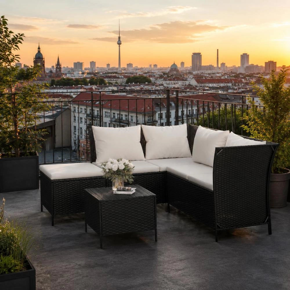 4-piece Garden Lounge Set With Cushions, Black Poly Rattan