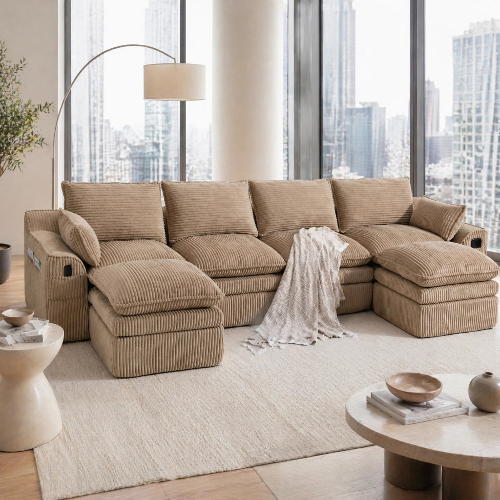 Divano modulare in velluto a coste kaki 335×167×85 cm con tasche laterali