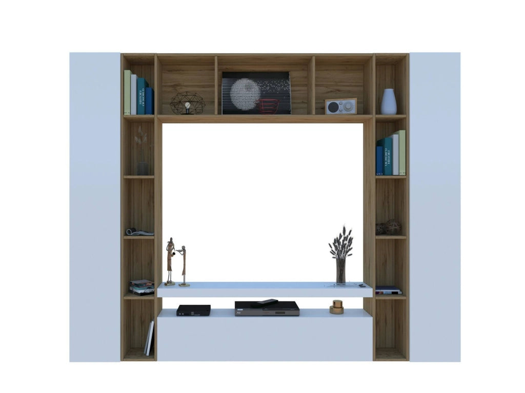 Mobile Soggiorno Austis, Parete Attrezzata 19 Ripiani Made in Italy, 270x35x210h cm Bianco Lucido