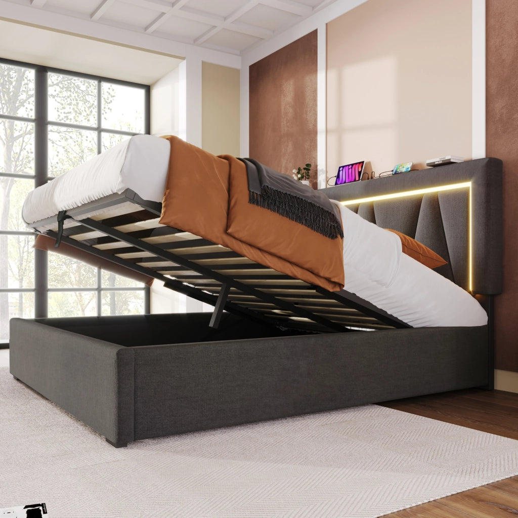 Letto contenitore imbottito ULEVR 140x200 cm con LED, USB e Type-C, testiera regolabile in lino grigio