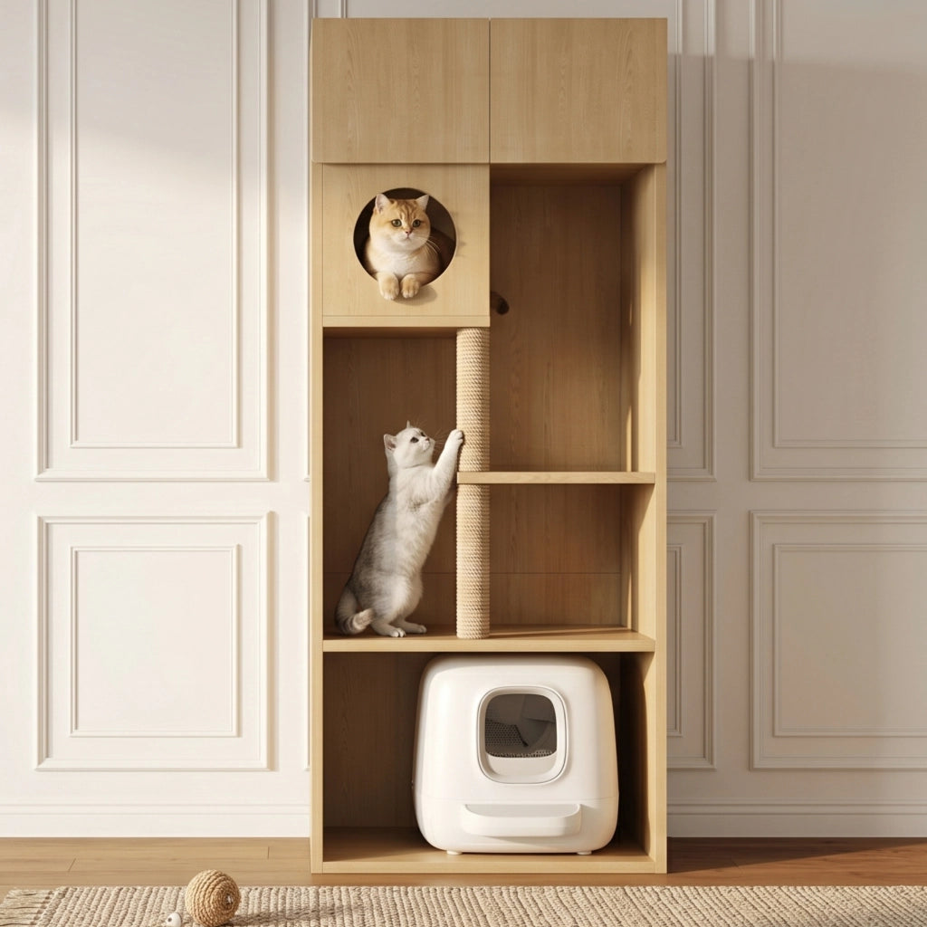Mobile contenitore per gatti con tiragraffi; cuccia e ripiani - per casa - in MDF - 80×45×193 cm - naturale