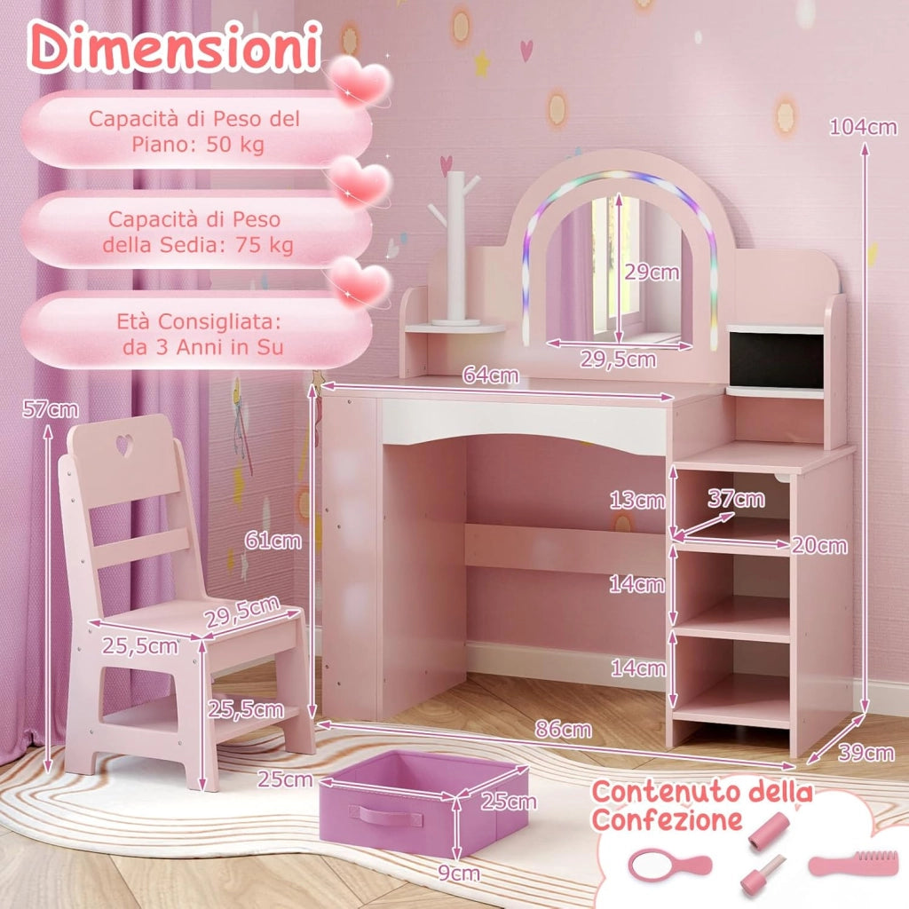 Toeletta Trucco per Bambina con Sgabello, Postazione Trucco con Luci, Scaffali a Vista, Prtagioielli, Libreria a 2 Ripiani e Contenitore in Tessuto, Ideale per Bambina 3+ Anni (Rosa)