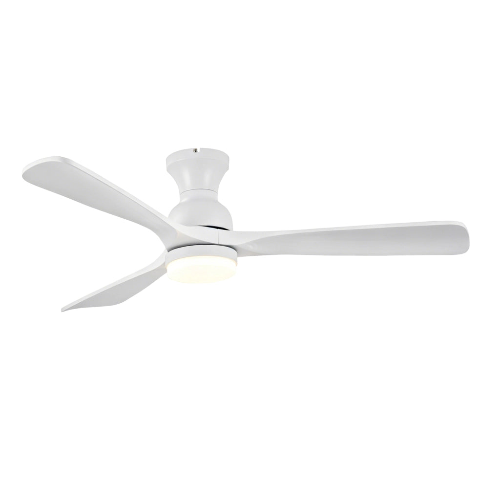 Ventilatore da soffitto con luce LED; 3 pale in legno massello; telecomando; bianco