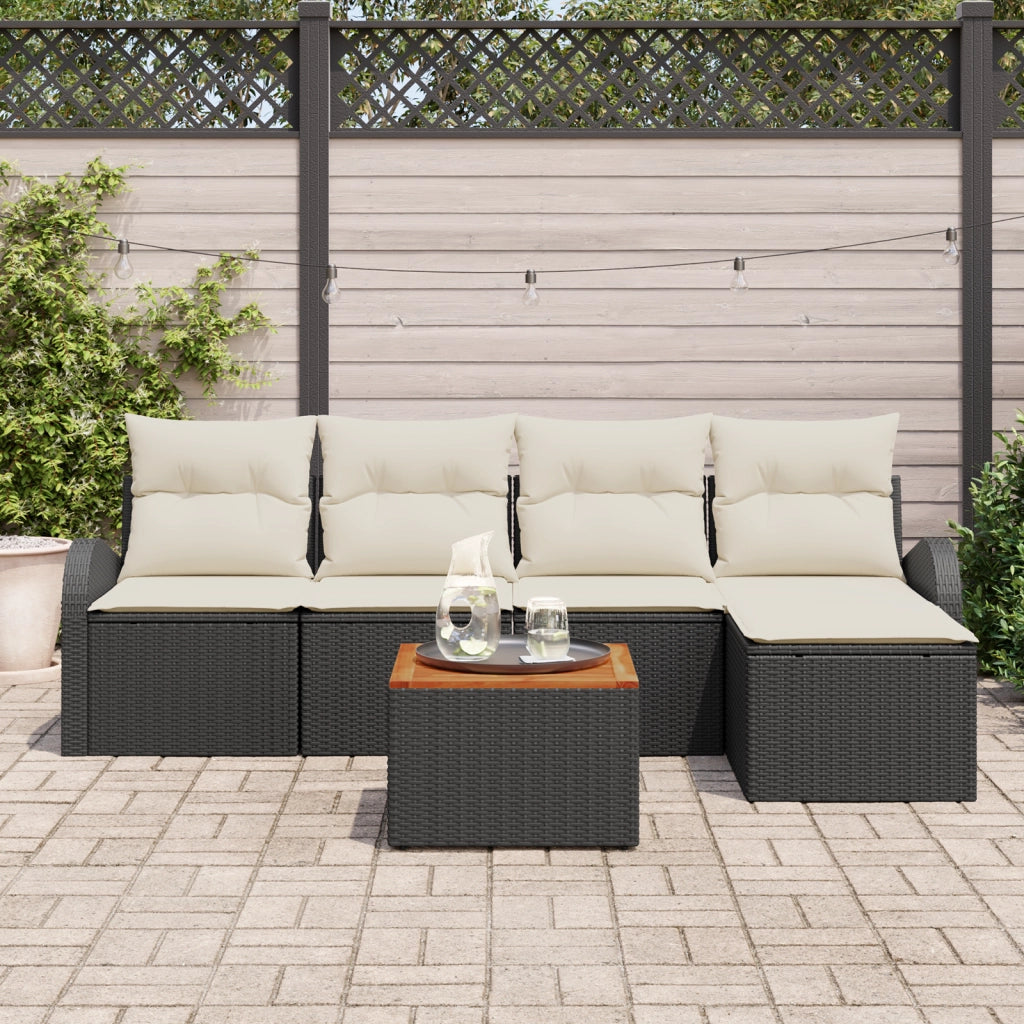 Set Divano da Giardino 6 Pezzi con Cuscini Nero Polirattan Acacia
