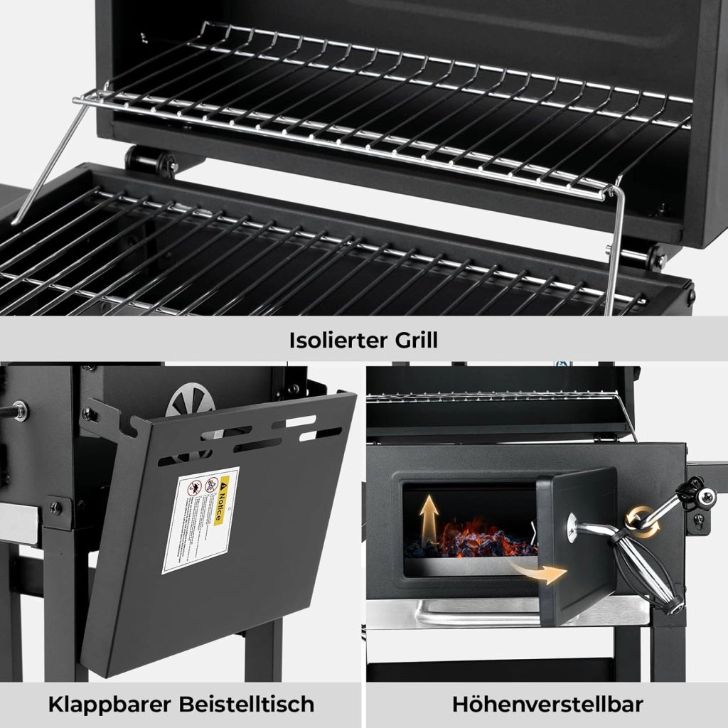 Barbecue Carbonella L, Barbecue a Carbonella con Coperchio, Griglia per Barbecue con 2PCS Ruote, Termometro, BBQ Smoker con Carrello per Campeggio, Giardino