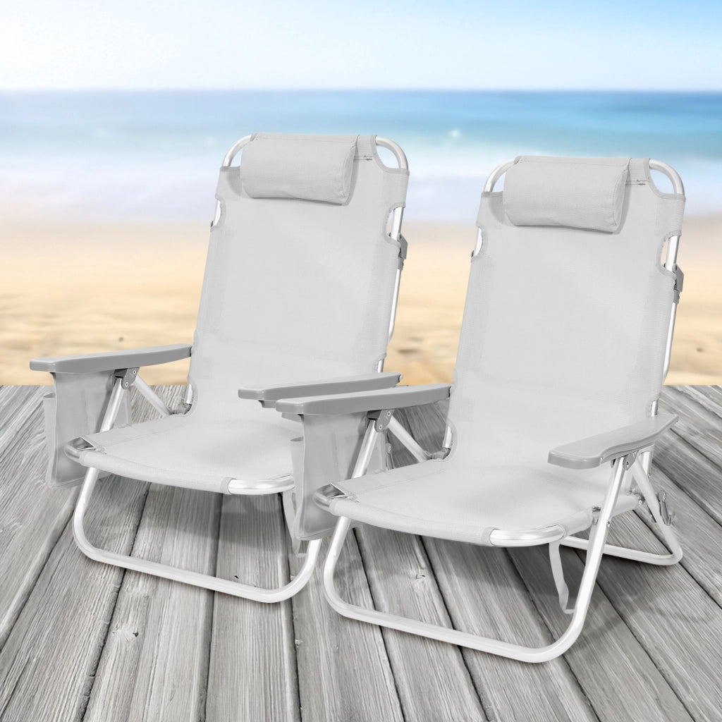 Set 2 Sedie Mare Spiaggine Pieghevoli in Alluminio con Poggiatesta e Tasca Laterale, Sdraio Spiaggia Basse con Braccioli, Tessuto Textilene Traspirante e Resistente, per Mare Campeggio Giardino, Grigio