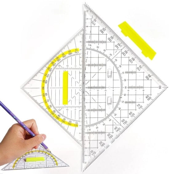 Due geodettri con maniglia, geodettri flessibili, piccoli, geodettri in plastica, triangoli geometrici, righelli, per scuola e ufficio