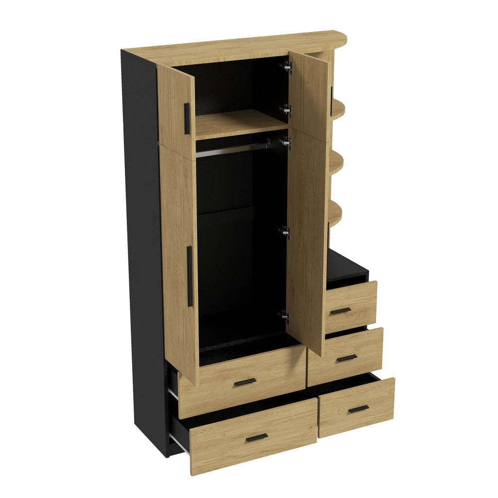 Armadio con 5 cassetti; 2 ante e barra appendiabiti; con vani aperti; per camera da letto; naturale e nero; 110 × 40 × 186 cm