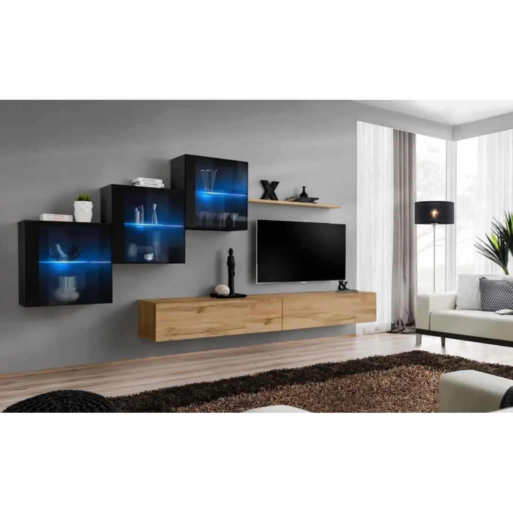 Set di mobili da salotto SWITCH XX design, colore quercia Wotan e nero lucido.