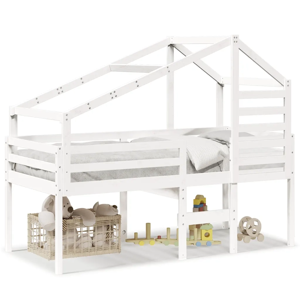 Letto singolo | Letto per adulti | Letto a Soppalco con Tetto Bianco 80x200 cm in Legno di Pino