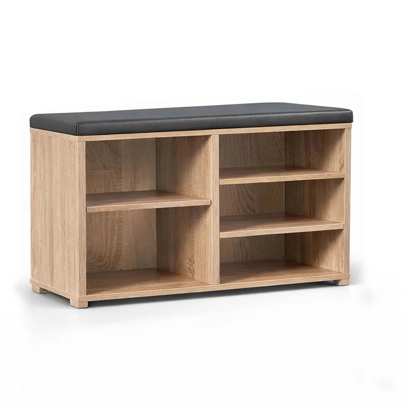 SCARPIERA IN MDF ROVERE CON RIPIANI E SEDUTA IN SIMIL PELLE NERA MISURE: 80X30X47 CM