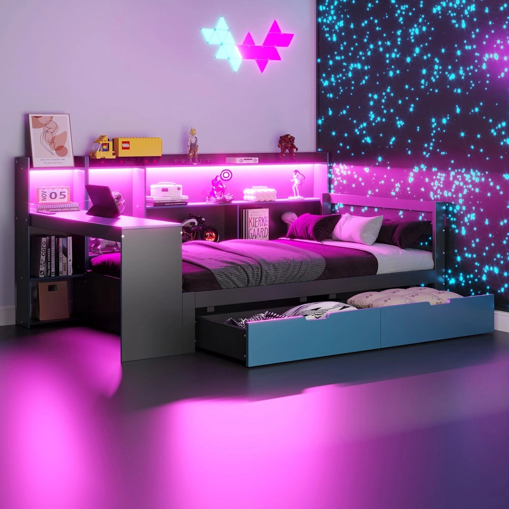 Letto a Soppalco con Scrivania e Scaffale ¨C Xylo ¨C Legno, Nero, 90x200 cm, LED, Cassetti