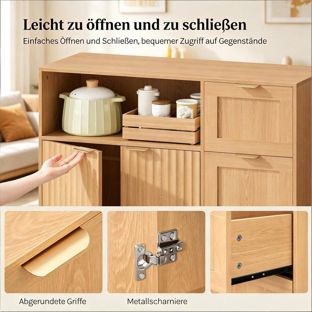 Credenza con 3 cassetti e ripiani regolabili, per cucina, in MDF e truciolato, effetto legno, 90 × 35 × 80 cm