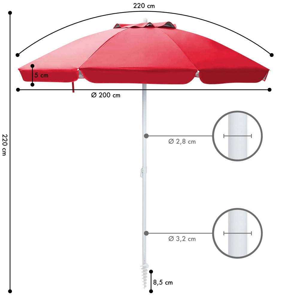 Ombrellone Da Spiaggia Grande Antivento 2.20 Metri Portatile Struttura In Acciaio A 8 Stecche Pieghevole Reclinabile Regolabile Altezza Puntale A Vite Resistente Uv Con Custodia A Tracolla Mare Campeggio Prato  Rosso