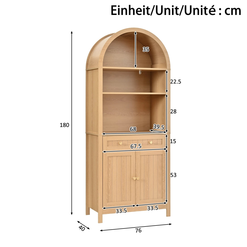Credenza alta con 2 ante, cassetto e ripiani aperti, portaspezie interni, per cucina e soggiorno, in MDF, naturale