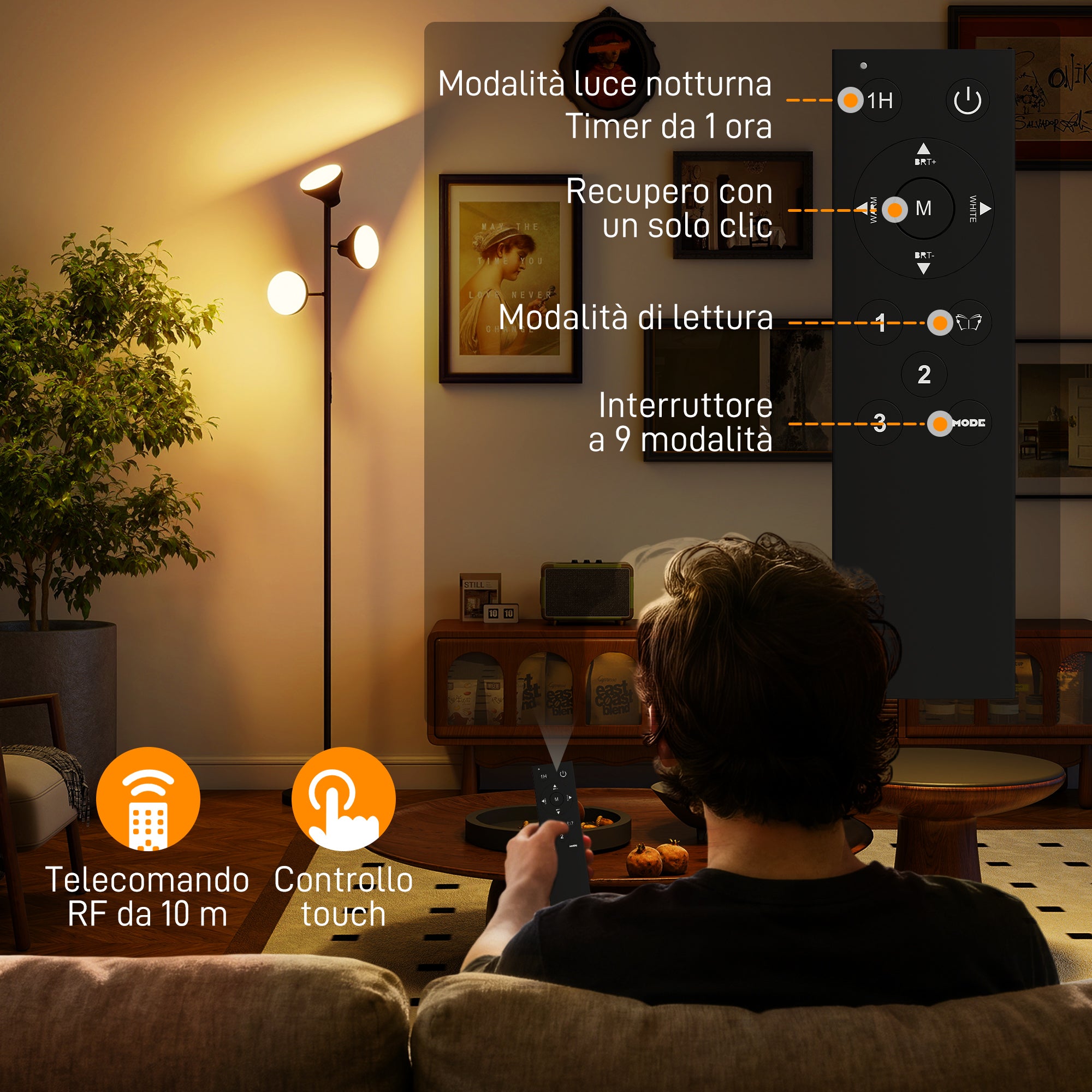 Lampada da Terra con 3 Teste Regolabili Indipendenti Ø25x170 cm Telecomando e Timer in Acciaio e Plastica Nero