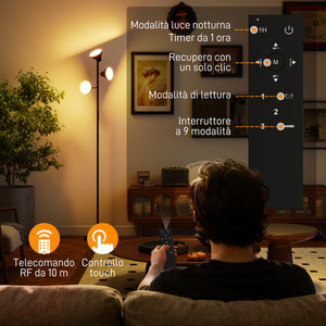 Lampada da Terra con 3 Teste Regolabili Indipendenti Ø25x170 cm Telecomando e Timer in Acciaio e Plastica Nero