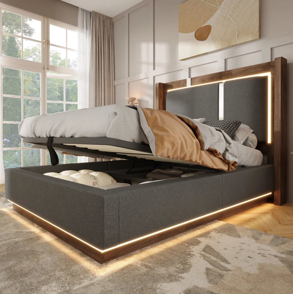 Letto imbottito 90x200 con LED, vano contenitore e rete a doghe