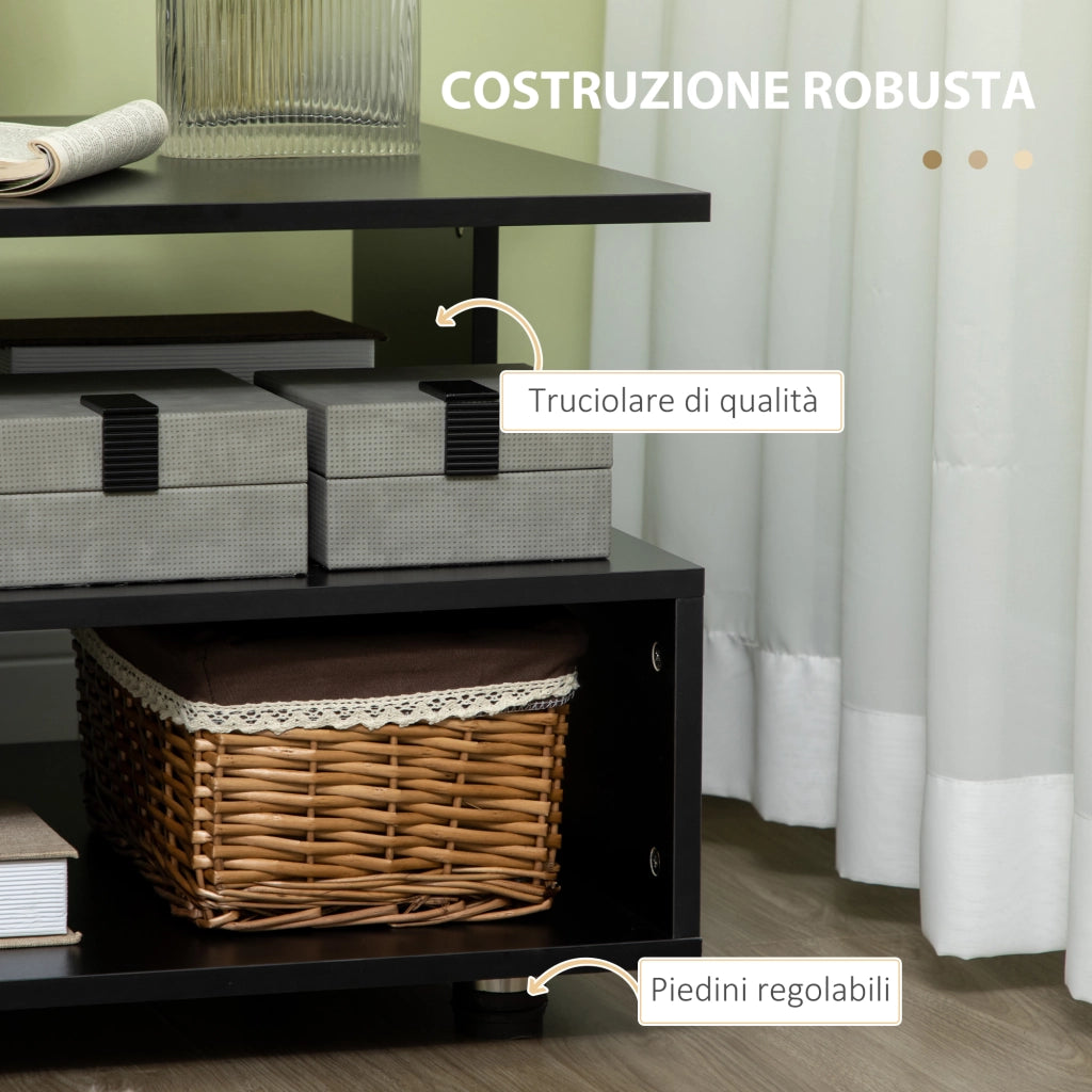 EasyComfort Tavolino da Caffè Asimmetrico in Legno con Ripiani e Piedini Regolabili, 60x60x45cm, Nero