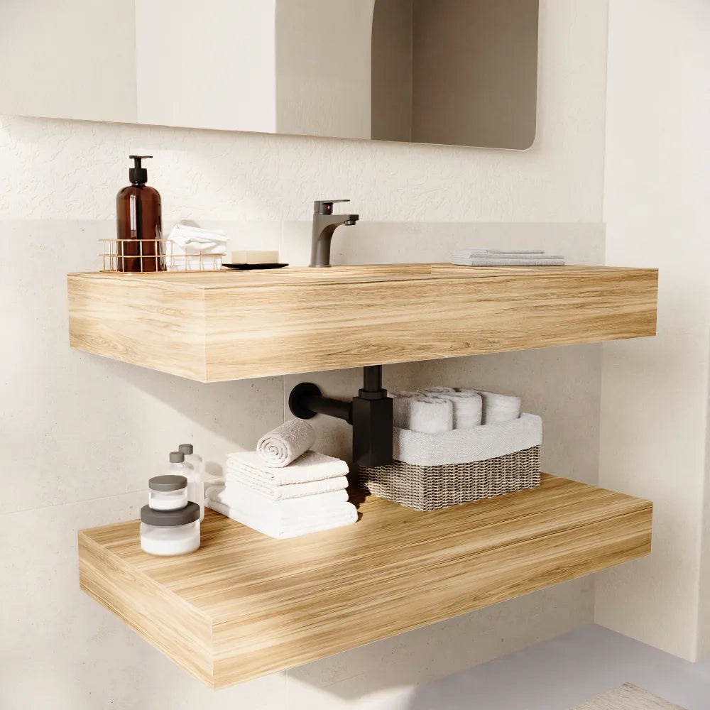 Lavabo sospeso in hpl 100cm con mensola rovere miele | Baikal