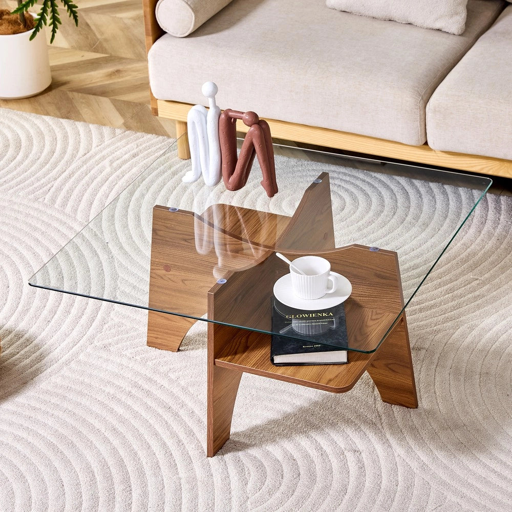 Tavolino da Caff¨¨ Quadrato ¨C MINIMAL ¨C Vetro Temperato e MDF Effetto Noce, 80x80 cm