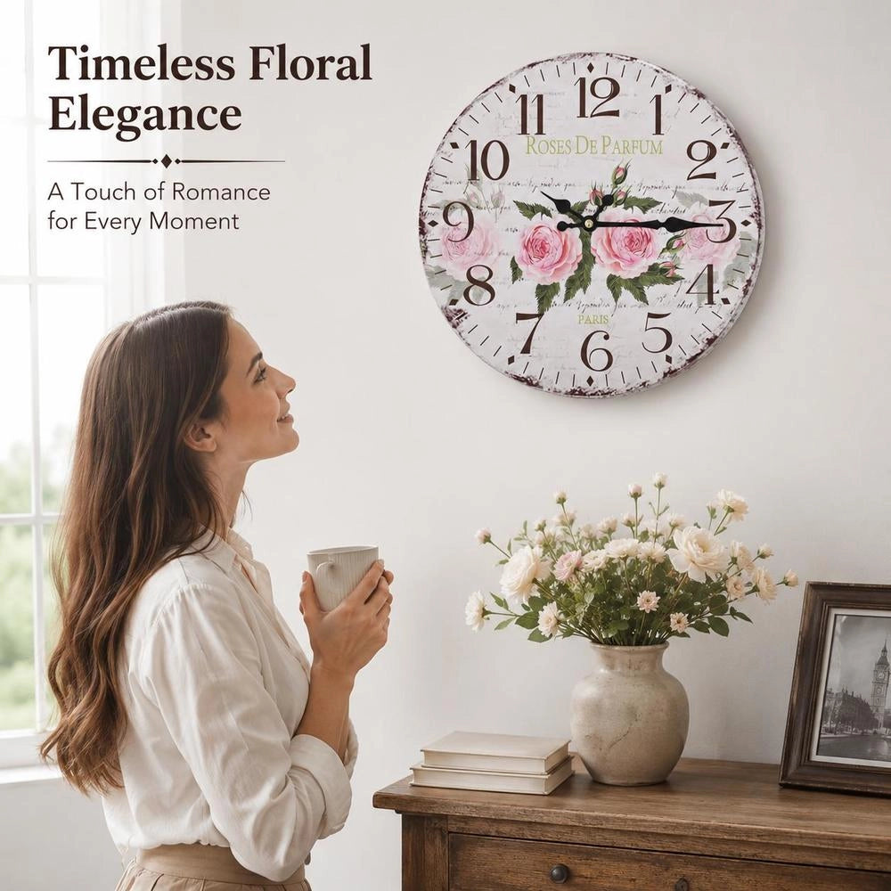 Vintage Wall Clock With Flowers, 30 Cm