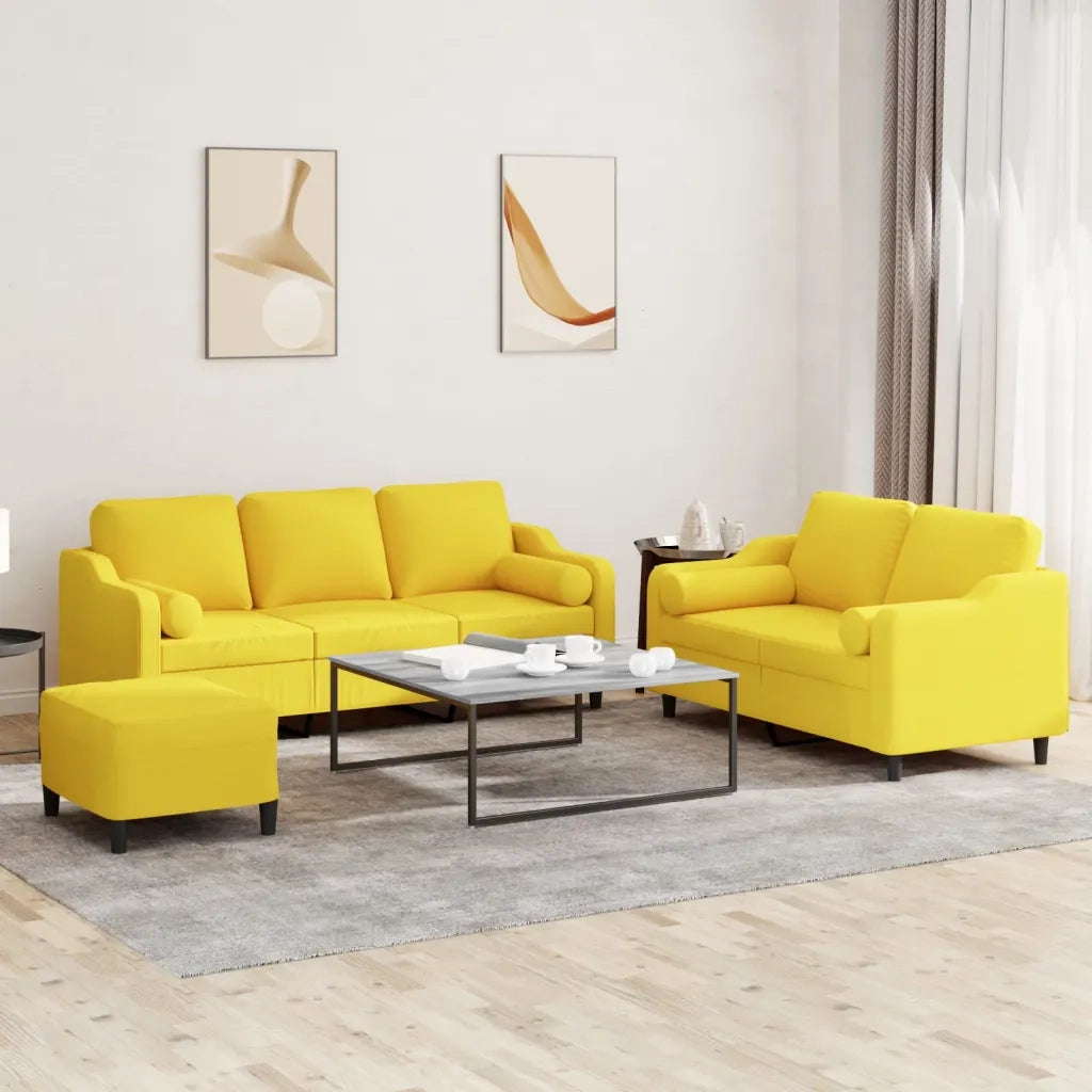 Set di Divani 3 pz con Cuscini Giallo Chiaro in Tessuto