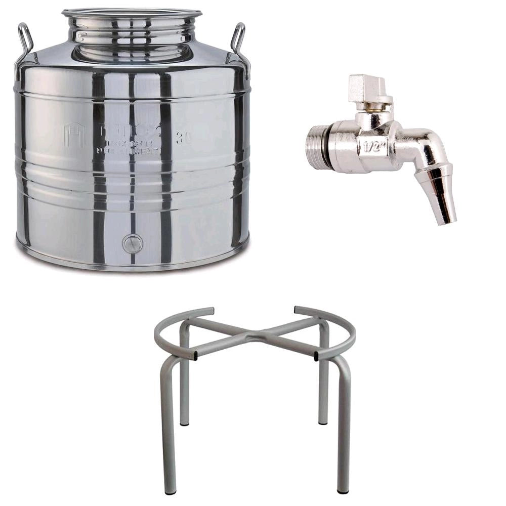 Contenitore Bidone Fusto In Acciaio Inox per Olio 50 Litri con Rubinetto e Supporto Portafusto