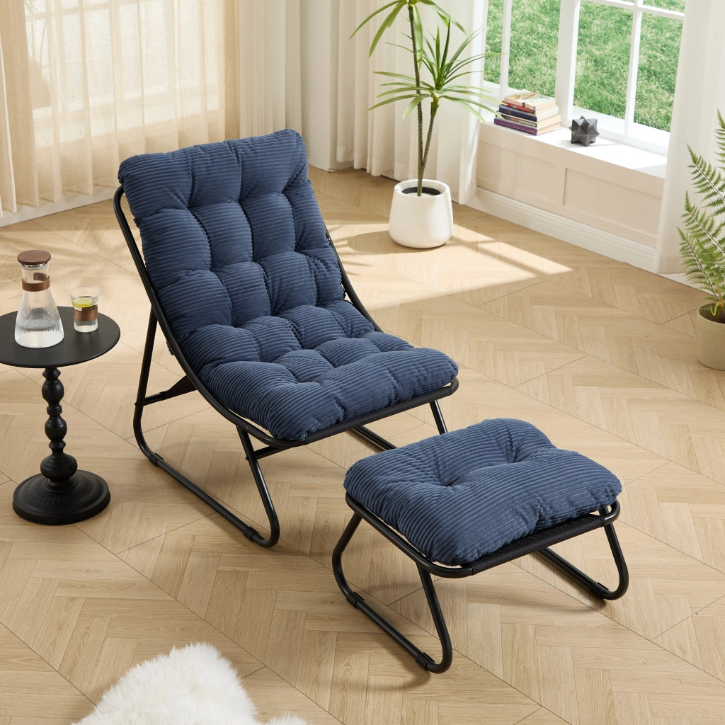 Poltrona da giardino con pouf in acciaio blu navy con cuscino imbottito e seduta a fionda per interno ed esterno
