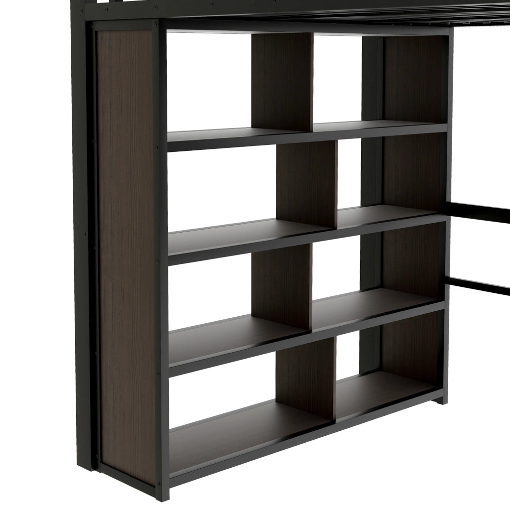 Letto a soppalco 140x200 cm nero con scrivania, scaffali, scale contenitore e LED