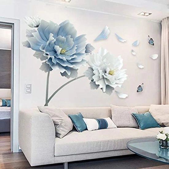 Sticker per muro, carta da parere, decorazioni a fiori blu e bianco, ornamenti per parete, dipinti decorativi per soggiorno e camera da letto