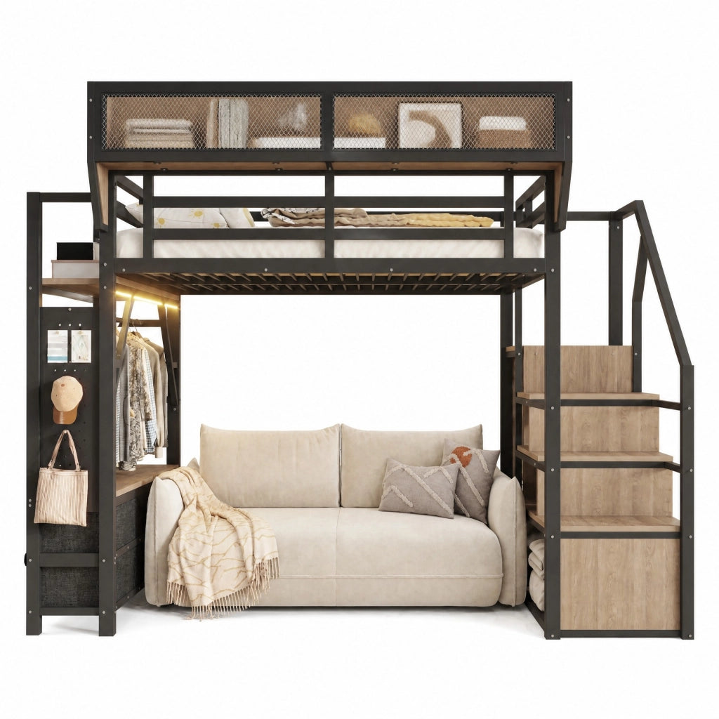 Letto a soppalco in metallo 140 x 200 cm con LED, scala laterale e ampio spazio contenitivo, nero