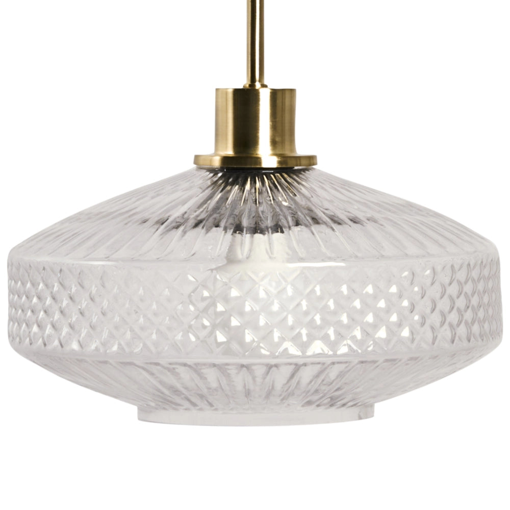 Lampada a sospensione con paralume in vetro trasparente e base in metallo dorato effetto cristallo stile moderno e glamour